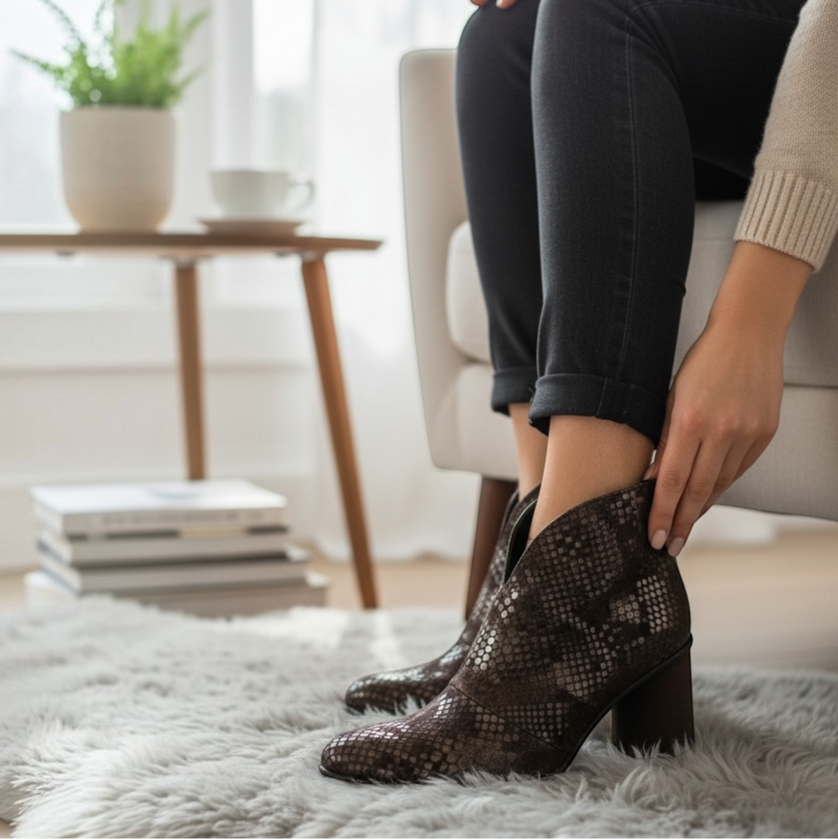 Botines Ana Marrón de EQUILIBRIO ZAPATOS by EIM en cuero con textura, taco de 9 cm y diseño elegante para mujer